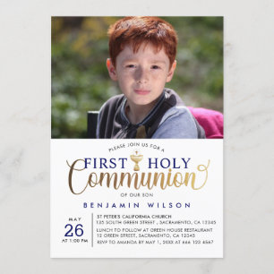 Navy And Gold Boy First Holy Communion Invitation