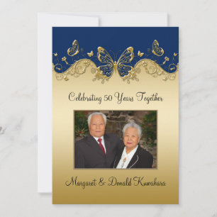 Navy and Gold Butterflies 50th Photo Anniversary Invitation