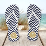 Navy and Gold Chevron Monogram Flip Flops<br><div class="desc">Custom printed flip flop sandals with a stylish modern chevron pattern and your custom monogram or other text in a circle frame. Click Customize It to change text fonts and colours or add your own images to create a unique one of a kind design!</div>