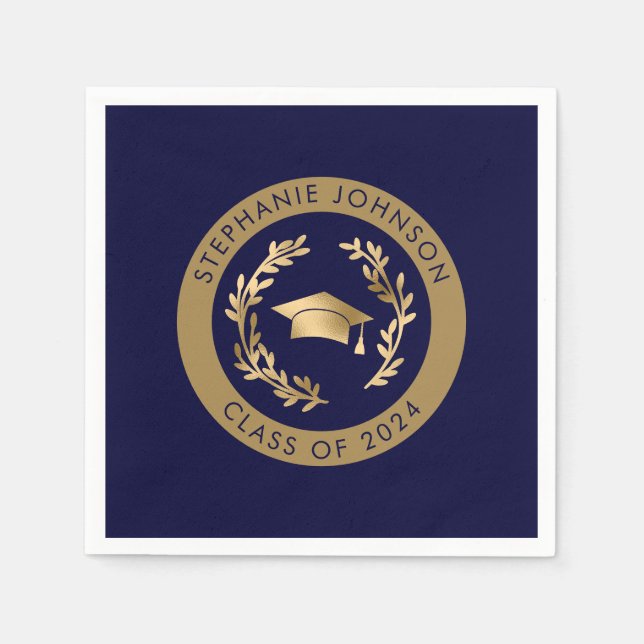 Navy and Gold Class of 2024 Graduation Party Napkin (Front)