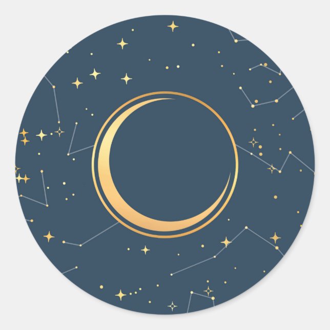 Navy and Gold Crescent Moon Eclipse Constellations Classic Round Sticker (Front)