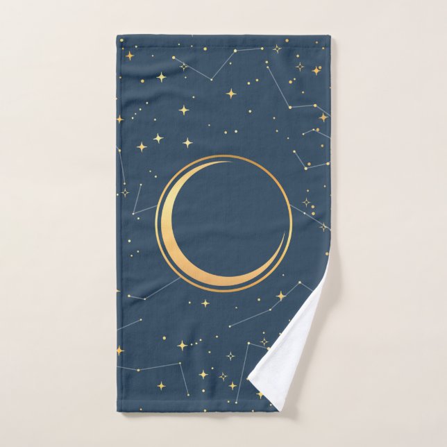 Navy and Gold Crescent Moon Eclipse Constellations Hand Towel (Hand Towel)