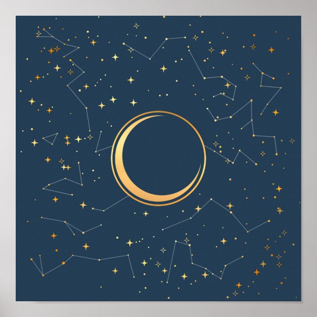 Navy and Gold Crescent Moon Eclipse Constellations Poster (Front)