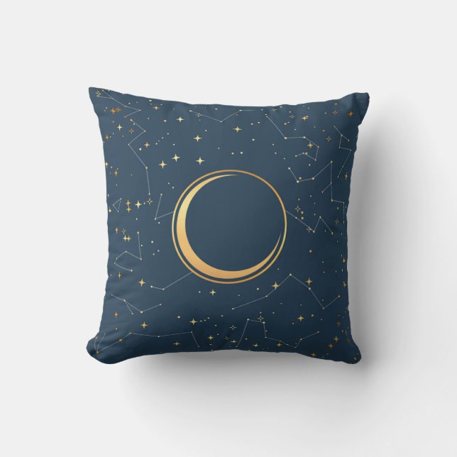 Navy and Gold Crescent Moon Eclipse Constellations Throw Pillow (Front)