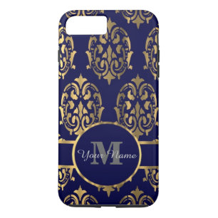 Navy and gold damask monogram Case-Mate iPhone case