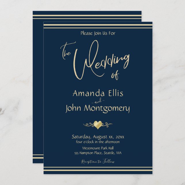 Navy and Gold Elegant Wedding Invitation (Front/Back)