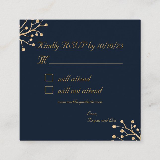 Navy and Gold Elegant wedding RSVP enclosure card (Front)