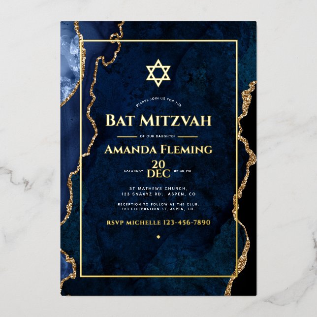 Navy and Gold Faux Agate Bat Mitzvah Photo (Front)