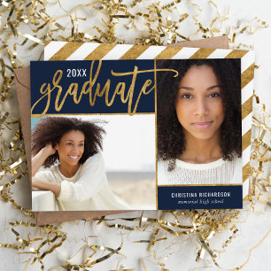 Navy and Gold Faux Foil 2 Photo Graduation Announcement