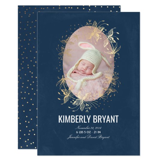 Navy and Gold Floral Chic Baby Birth Photo Card