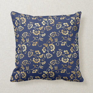 Navy and Gold Floral Pattern Throw Pillow