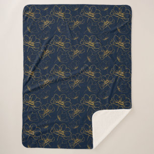 Navy and Gold Floral Sherpa Throw Blanket
