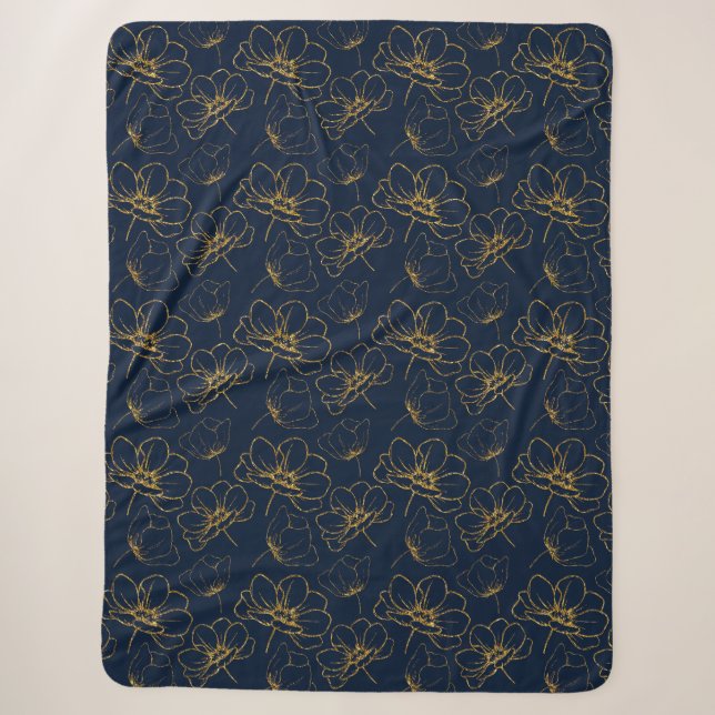Navy and Gold Floral Sherpa Throw Blanket (Front)