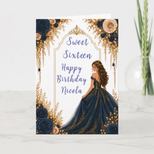 Navy and Gold Floral Sweet Sixteen Party Card
