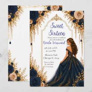 Navy and Gold Floral Sweet Sixteen Party Invitation