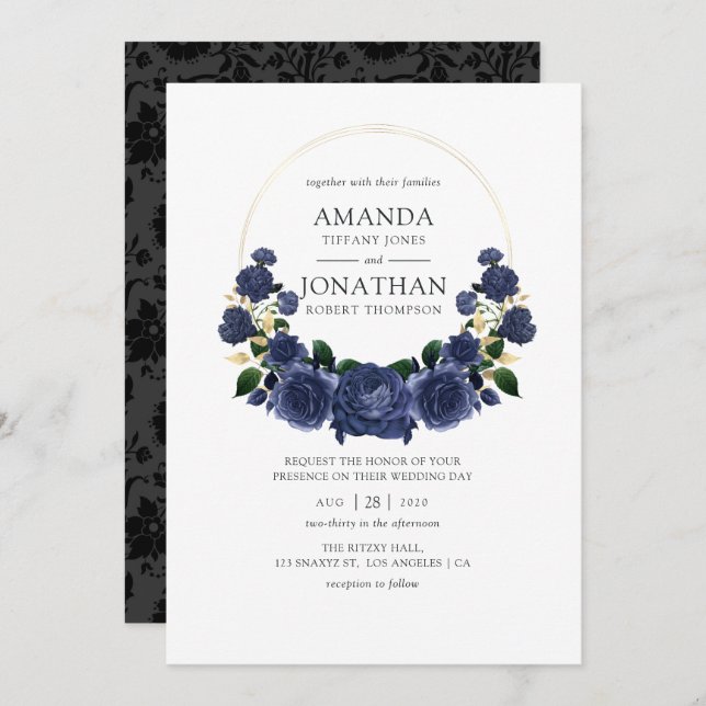 Navy and Gold Floral Wedding Invitation (Front/Back)