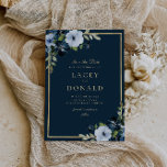 Navy and gold floral wedding invitation<br><div class="desc">lovely blue flowers with a gold frame and elegant text. The colours and text can be personalized.</div>