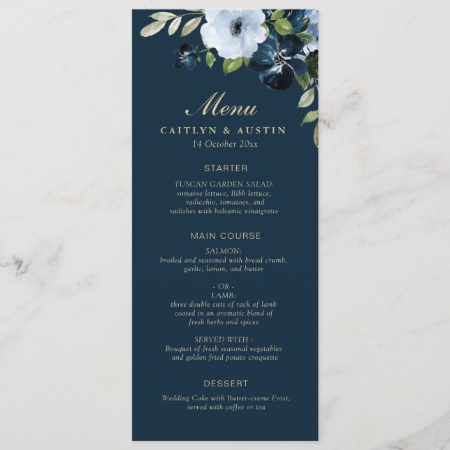 Navy and gold floral wedding menu (Front)