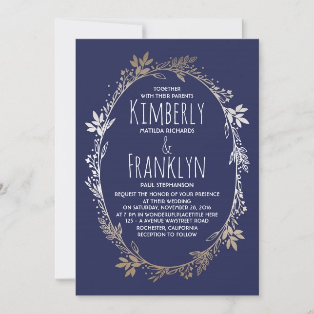 Navy and Gold Floral Wreath Wedding Invitation (Front)