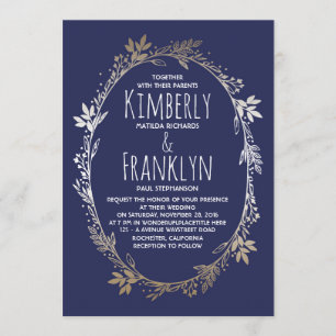 Navy and Gold Floral Wreath Wedding Invitation