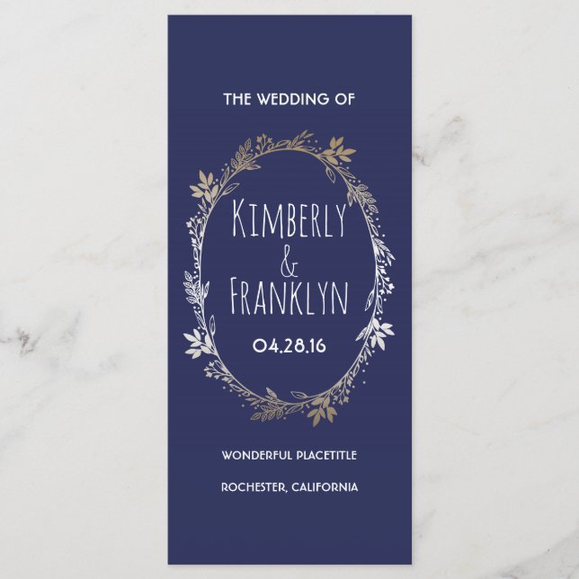 Navy and Gold Floral Wreath Wedding Programs (Front)