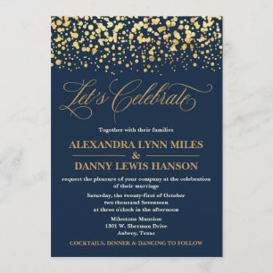 Navy and Gold Glitter Confetti Wedding Invitation