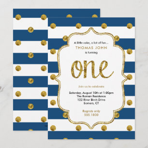 Navy and Gold Glitter First Birthday Invitation