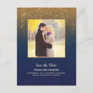 Navy and Gold Glitter Photo Save the Date Announcement Postcard