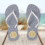 Navy and Gold Greek Key Monogram Flip Flops<br><div class="desc">Custom printed flip flop sandals with a stylish modern Greek key pattern and your custom monogram or other text in a circle frame. Click Customize It to change text fonts and colours or add your own images to create a unique one of a kind design!</div>