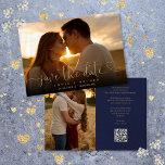 Navy And Gold Heart Script Photo Wedding QR Code Save The Date<br><div class="desc">This elegant heart script photo save the date card features your photo and a script save the date above your names,  date and venue. The reverse features an additional photo,  message,  and wedding website QR code on a navy blue background. Designed by Thisisnotme©</div>