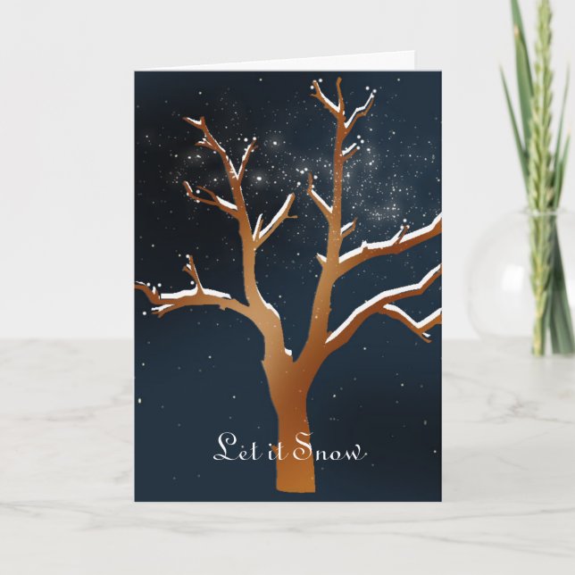 Navy and Gold Holiday Snowy Tree Card (Front)