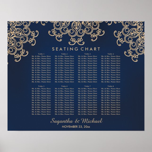 Navy and Gold Indian Inspired Seating Chart (Front)