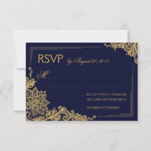 Navy and Gold Lace Elegant RSVP Card