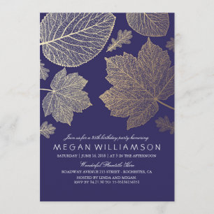 Navy and Gold Leaves Fall Birthday Party Invitation