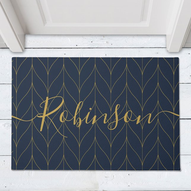 Navy and Gold Leaves Family Name Doormat (Creator Uploaded)