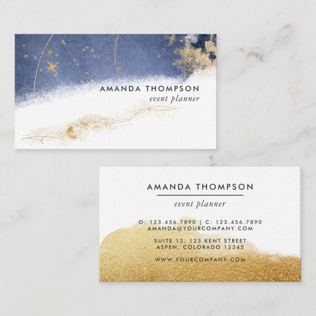 Navy and Gold Lunar Brush Strokes Business Card (Front/Back)