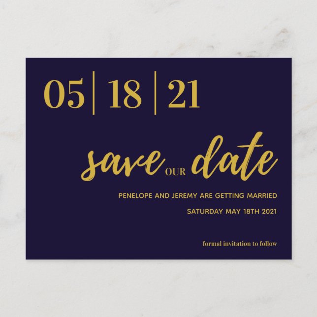 navy and gold modern script save the date postcard (Front)