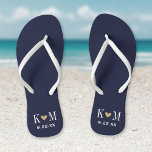 Navy and Gold Modern Wedding Monogram Flip Flops<br><div class="desc">Custom printed flip flop sandals personalized with a cute heart and your monogram initials and wedding date. Click Customize It to change text fonts and colours or add your own images to create a unique one of a kind design!</div>