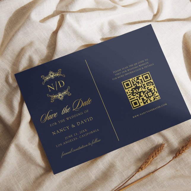 Navy And Gold Monogram Qr Code Wedding  Save The Date (Creator Uploaded)