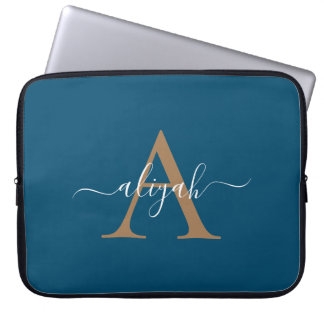 Navy And Gold Monogram Script Name Laptop Sleeve