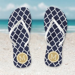 Navy and Gold Moroccan Quatrefoil Monogram Flip Flops<br><div class="desc">Custom printed flip flop sandals with a stylish Moroccan quatrefoil pattern and your custom monogram or other text in a circle frame. Click Customize It to change text fonts and colours or add your own images to create a unique one of a kind design!</div>