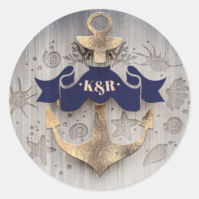 Navy and Gold Nautical Anchor Wedding Classic Round Sticker (Front)