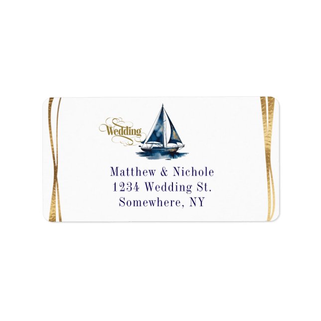 Navy and Gold Nautical Boat Gold Frame Wedding Label (Front)