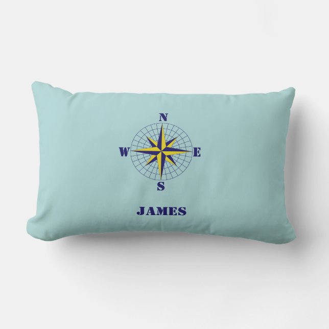 Navy and Gold Nautical Compass Rose with Name  Lumbar Pillow (Front)