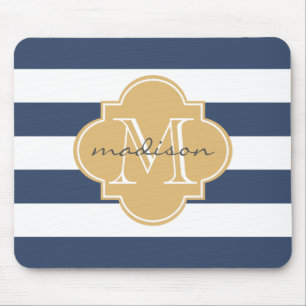 Navy and Gold Nautical Stripes Custom Monogram Mouse Pad