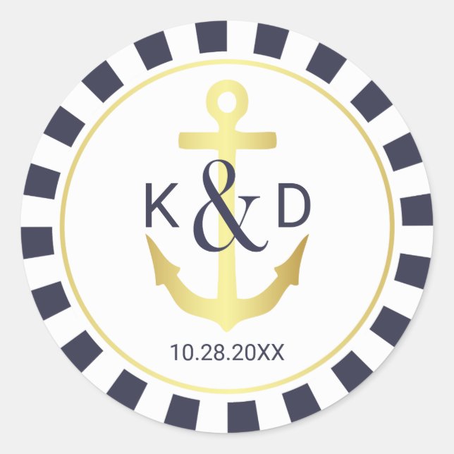 Navy and Gold Nautical Wedding Classic Round Sticker (Front)