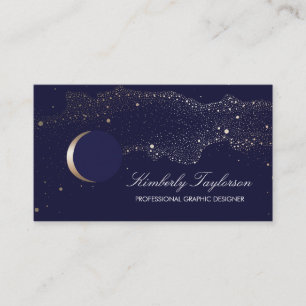 Navy and Gold Night Stars Crescent Moon Modern Business Card