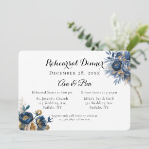Navy and Gold Peony Flowers Rehearsal Dinner Invitation