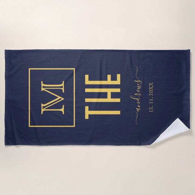 Navy and Gold Personalized Monogram and Name Beac Beach Towel (Front)