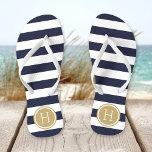 Navy and Gold Preppy Stripes Monogram Flip Flops<br><div class="desc">Custom printed flip flop sandals with a preppy nautical stripe pattern and your custom monogram or other text in a circle frame. Click Customize It to change text fonts and colours or add your own images to create a unique one of a kind design!</div>